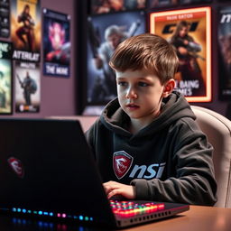 A young boy wearing an MSI branded hoodie, sitting in front of a gaming setup with LED lights, immersed in a video game