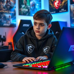 A young boy wearing an MSI branded hoodie, sitting in front of a gaming setup with LED lights, immersed in a video game