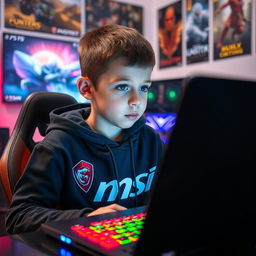 A young boy wearing an MSI branded hoodie, sitting in front of a gaming setup with LED lights, immersed in a video game