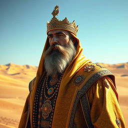 A majestic desert king, adorned in elaborate golden robes, looking 45 degrees to the left