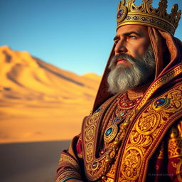 A majestic desert king, adorned in elaborate golden robes, looking 45 degrees to the left