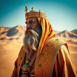 A majestic desert king, adorned in elaborate golden robes, looking 45 degrees to the left