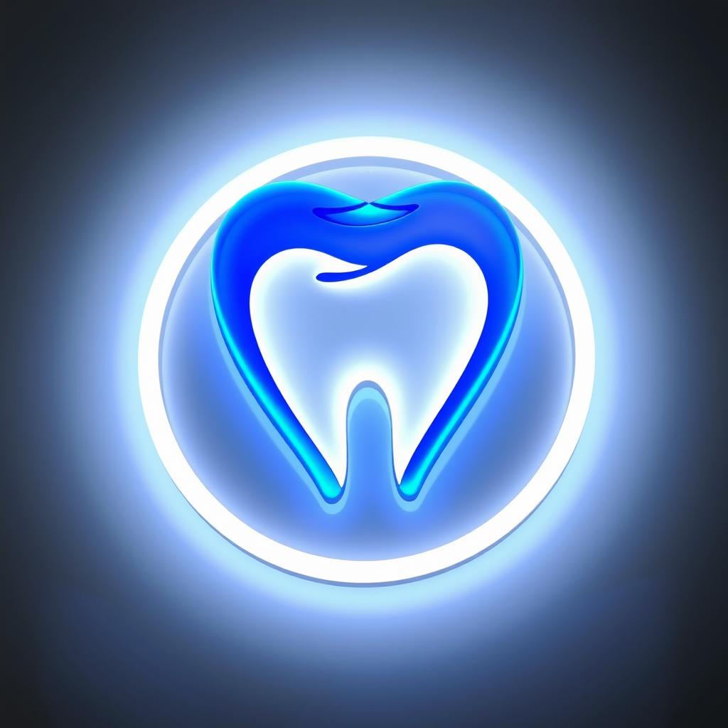 A glowing LED sign featuring a stylized tooth logo, designed with modern aesthetics