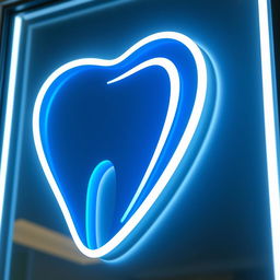 A glowing LED sign featuring a stylized tooth logo, designed with modern aesthetics
