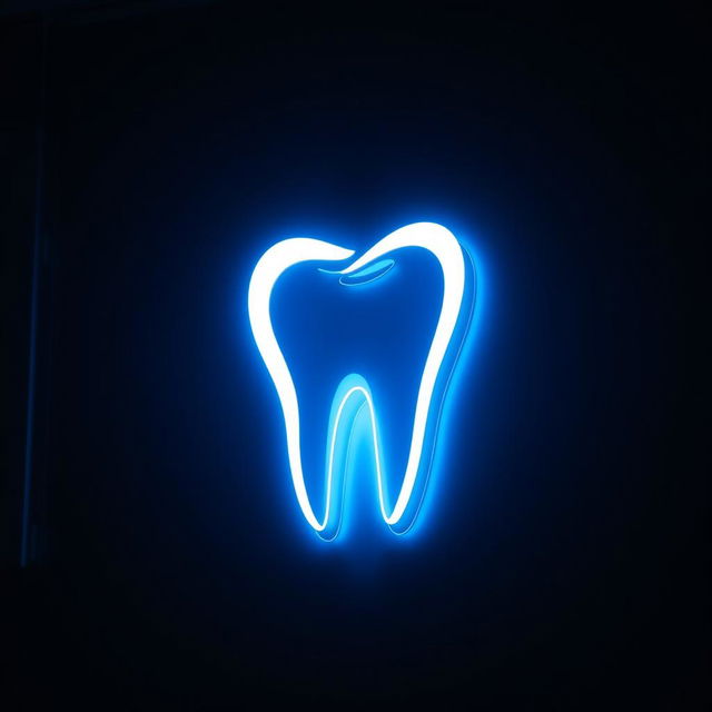 A glowing LED sign featuring a stylized tooth logo, designed with modern aesthetics