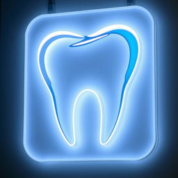 A glowing LED sign featuring a stylized tooth logo, designed with modern aesthetics