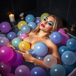 A stunning 18 year old woman with a sexy, sweet, thin face and curvy sensuous figure is lying nude in a large jacuzzi filled with dozens of large, squishy, multi-colored water balloons, floating up to her neck