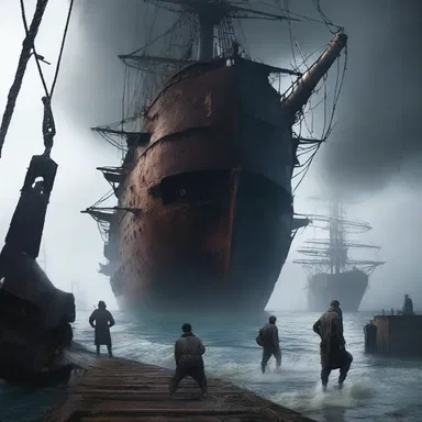 As the characters explored the eerie abandoned ship, they felt an overwhelming sense of dread when they heard strange noises coming from abaft.