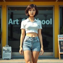 A photorealistic image of an Asian lady with a stylish bobcut hairstyle, featuring firm very small breasts