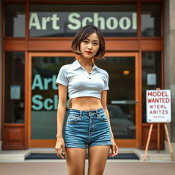 A photorealistic image of an Asian lady with a stylish bobcut hairstyle, featuring firm very small breasts