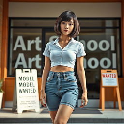 A photorealistic image of an Asian lady with a stylish bobcut hairstyle, featuring firm very small breasts