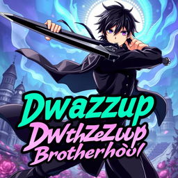 A dynamic illustration of Kirito from Sword Art Online, wielding his iconic black sword, in an action-packed pose