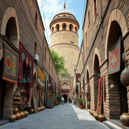 A picturesque Persian narrow alley featuring an old, majestic tower in the background, flanked by a weathered brick wall lining the street