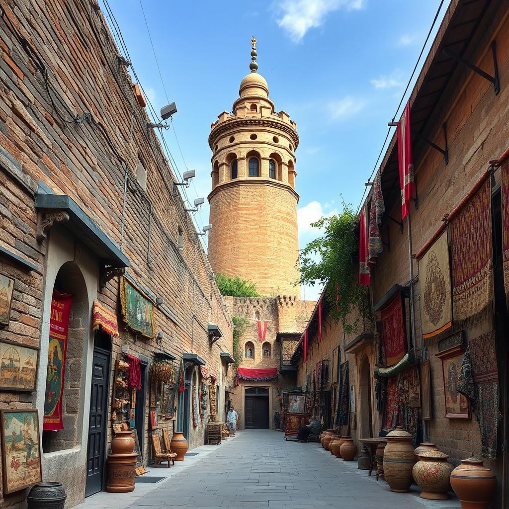A picturesque Persian narrow alley featuring an old, majestic tower in the background, flanked by a weathered brick wall lining the street