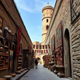 A picturesque Persian narrow alley featuring an old, majestic tower in the background, flanked by a weathered brick wall lining the street