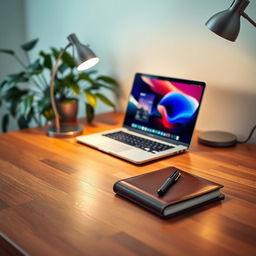 A beautifully designed workspace featuring a sleek, modern desk made of warm wood, with a shiny laptop open, displaying a vibrant user interface