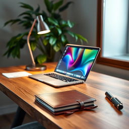 A beautifully designed workspace featuring a sleek, modern desk made of warm wood, with a shiny laptop open, displaying a vibrant user interface