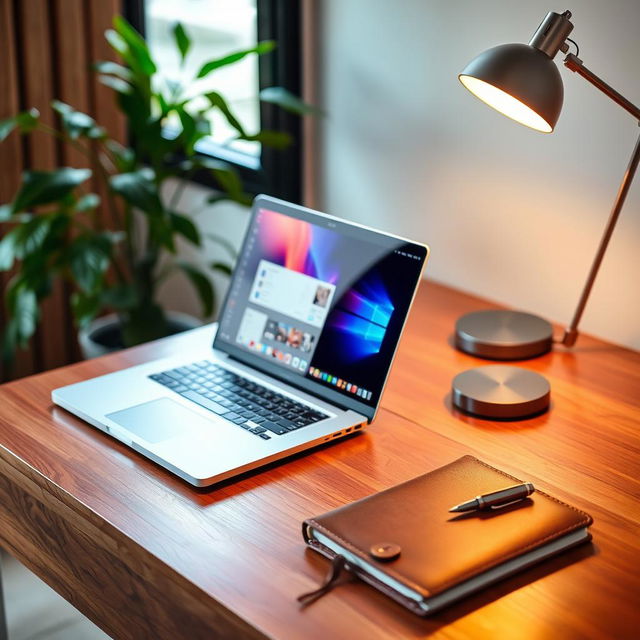 A beautifully designed workspace featuring a sleek, modern desk made of warm wood, with a shiny laptop open, displaying a vibrant user interface