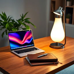 A beautifully designed workspace featuring a sleek, modern desk made of warm wood, with a shiny laptop open, displaying a vibrant user interface