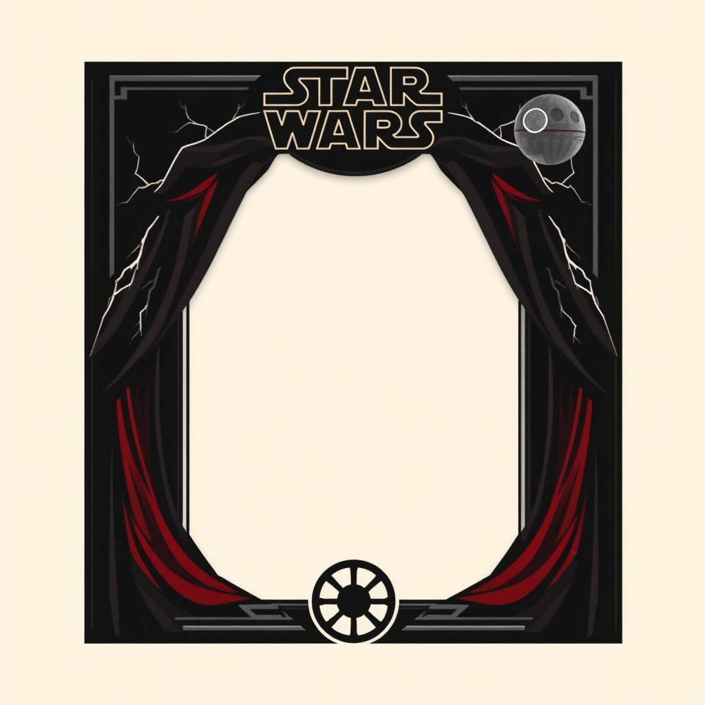 A blank Star Wars card inspired by Emperor Palpatine from Return of the Jedi, featuring a minimalist frame enriched with Sith elements such as lightning motifs, draping dark robes, and angular shapes representing the Death Star