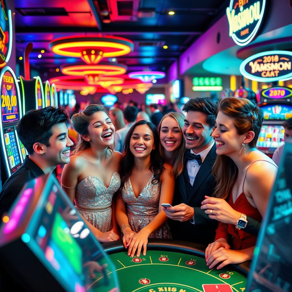 A lively scene of a diverse group of boys and girls enjoying a casino night together, surrounded by colorful slot machines, a vibrant poker table, and bright neon lights