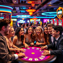 A lively scene of a diverse group of boys and girls enjoying a casino night together, surrounded by colorful slot machines, a vibrant poker table, and bright neon lights