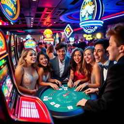 A lively scene of a diverse group of boys and girls enjoying a casino night together, surrounded by colorful slot machines, a vibrant poker table, and bright neon lights