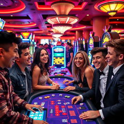 A lively scene of a diverse group of boys and girls enjoying a casino night together, surrounded by colorful slot machines, a vibrant poker table, and bright neon lights