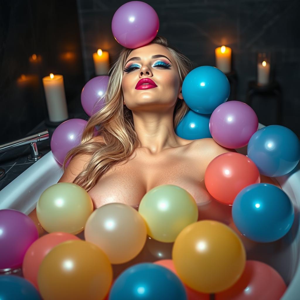 A beautiful 18 year old woman with a sexy, sweet, thin face and a curvy, sensuous body is lying nude in a very large luxurious tub filled with large, shiny, soft, squishy multi-colored water balloons that creatively cover her soft figure