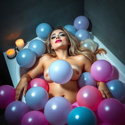 A beautiful 18 year old woman with a sexy, sweet, thin face and a curvy, sensuous body is lying nude in a very large luxurious tub filled with large, shiny, soft, squishy multi-colored water balloons that creatively cover her soft figure