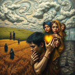 A surreal and dreamlike scene illustrating the struggle between despair and hope
