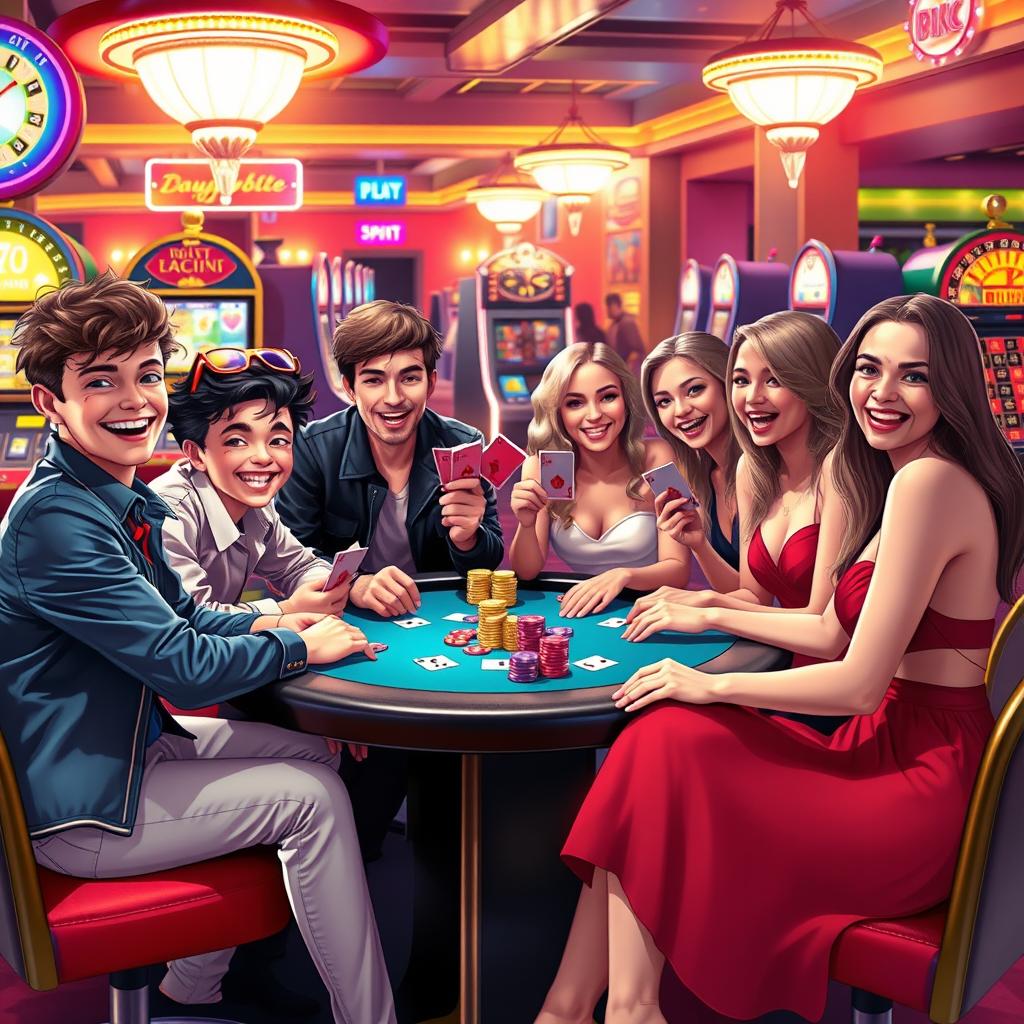 A lively and colorful scene depicting a group of boys and girls enjoying a casino night