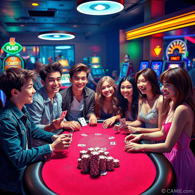 A lively and colorful scene depicting a group of boys and girls enjoying a casino night