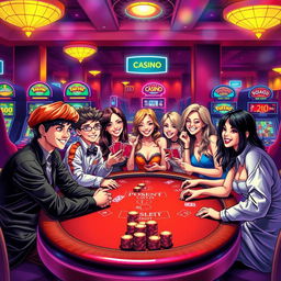 A lively and colorful scene depicting a group of boys and girls enjoying a casino night