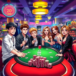 A lively and colorful scene depicting a group of boys and girls enjoying a casino night