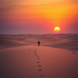A dramatic desert landscape at dusk, showcasing endless sandy dunes and a vibrant sky transitioning from orange to deep purple