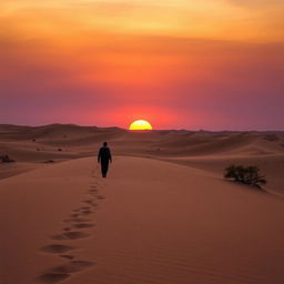 A dramatic desert landscape at dusk, showcasing endless sandy dunes and a vibrant sky transitioning from orange to deep purple