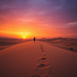 A dramatic desert landscape at dusk, showcasing endless sandy dunes and a vibrant sky transitioning from orange to deep purple