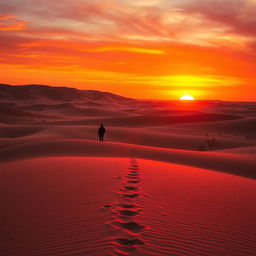 A dramatic desert landscape at dusk, showcasing endless sandy dunes and a vibrant sky transitioning from orange to deep purple