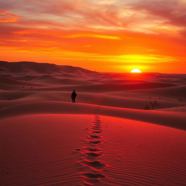 A dramatic desert landscape at dusk, showcasing endless sandy dunes and a vibrant sky transitioning from orange to deep purple