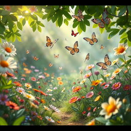 An artistic representation of a serene and whimsical garden filled with colorful flowers, lush greenery, and butterflies flying around