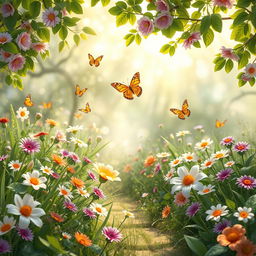 An artistic representation of a serene and whimsical garden filled with colorful flowers, lush greenery, and butterflies flying around