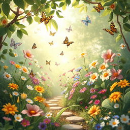 An artistic representation of a serene and whimsical garden filled with colorful flowers, lush greenery, and butterflies flying around