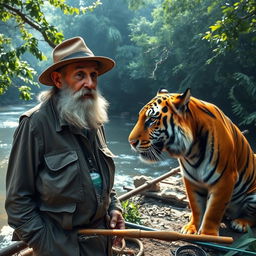 An old fisherman with a weathered face and a long beard, wearing a traditional fishing hat and a rugged vest, stands beside a majestic tiger in a lush jungle setting