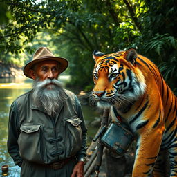 An old fisherman with a weathered face and a long beard, wearing a traditional fishing hat and a rugged vest, stands beside a majestic tiger in a lush jungle setting