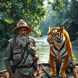 An old fisherman with a weathered face and a long beard, wearing a traditional fishing hat and a rugged vest, stands beside a majestic tiger in a lush jungle setting