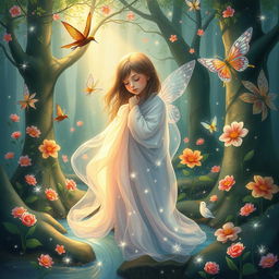 A whimsical and artistic portrayal of an ethereal forest scene featuring a young female figure surrounded by magical creatures, vibrant flowers, and shimmering light