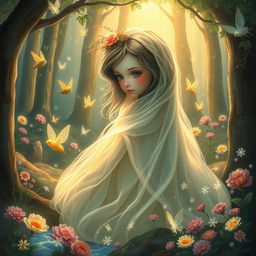 A whimsical and artistic portrayal of an ethereal forest scene featuring a young female figure surrounded by magical creatures, vibrant flowers, and shimmering light