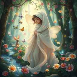 A whimsical and artistic portrayal of an ethereal forest scene featuring a young female figure surrounded by magical creatures, vibrant flowers, and shimmering light