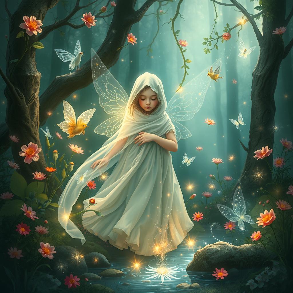 A whimsical and artistic portrayal of an ethereal forest scene featuring a young female figure surrounded by magical creatures, vibrant flowers, and shimmering light